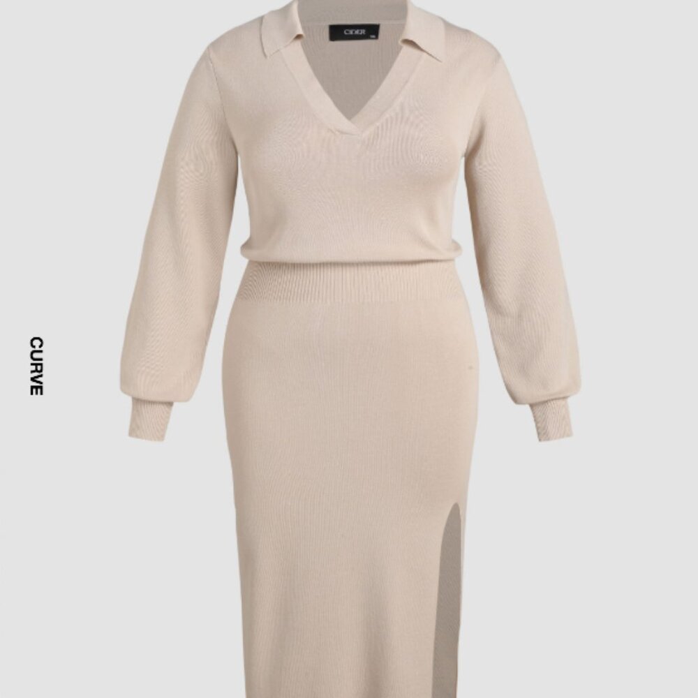 Collar Split Solid Knit Dress Curve & Plus